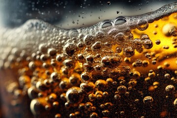 Poster - Bubbles rise to the surface of a fizzy beverage in a close-up shot taken in a cozy indoor setting