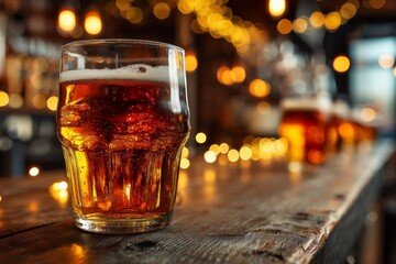 Aufkleber - Refreshing craft beer served in a glass on a rustic wooden bar with warm lights in the background during evening hours