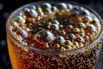 Poster - Bubbles rise in a refreshing glass of dark soda with ice on a black background during a casual gathering at home