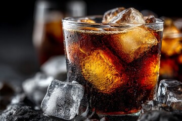 Aufkleber - Refreshing glass of cola with ice surrounded by crushed ice on a dark surface in a casual setting