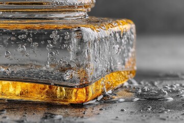 Leinwandbilder - Clear glass bottle with amber liquid and bubbles resting on a wet surface, highlighting texture and reflections during daytime