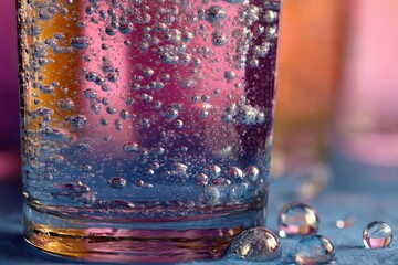 Poster - Bright bubbles rise in a glass of sparkling beverage on a vibrant table setting at a summer gathering