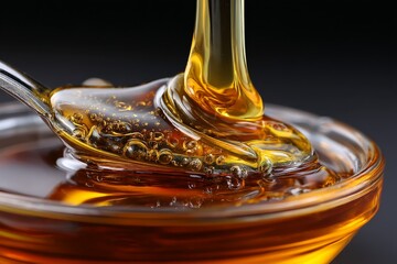 Aufkleber - Sweet honey pouring from a spoon into a glass bowl creating bubbles and a glossy surface