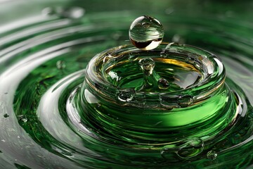 Aufkleber - Water droplet creates ripples on a vibrant green surface during close-up capture