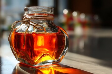 Poster - Brightly lit glass jar filled with golden honey on a countertop during a sunny afternoon