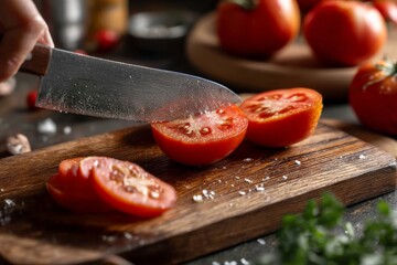 Aufkleber - Fresh tomatoes being sliced on a wooden cutting board in a cozy kitchen setting during daylight hours