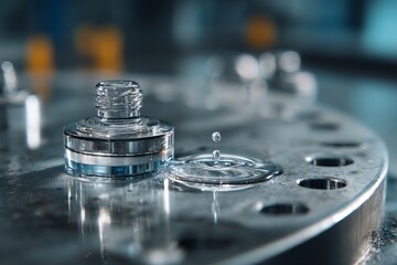 Poster - Water droplets fall on a polished metal surface with a clear glass bottle in focus during daylight hours