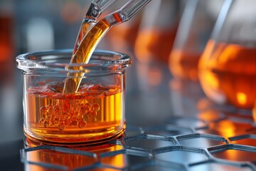 Poster - Vibrant orange liquid being poured into a glass jar in a laboratory setting during the day
