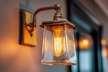 Aufkleber - Stylish antique wall lamp with warm light illuminates modern interior near window