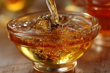 Aufkleber - Sparkling honey being poured into a glass bowl surrounded by warm light in a cozy kitchen setting