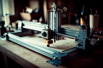 Fototapete - Detailed view of a laser engraving machine in a workshop during late afternoon