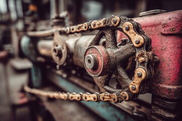 Leinwandbilder - Close-up of an old machine's rusted gears and chain in a workshop setting during the day