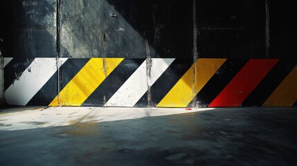 Poster - Abstract concrete wall with painted diagonal warning stripes in yellow white and red low angle industrial grunge aesthetic