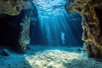 Poster - Scuba Diver Exploring Underwater Cave with Sun Rays Streaming Through the Entrance in Tropical Ocean Location