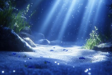 Poster - Tranquil underwater scene featuring sunbeams illuminating sandy seabed and aquatic plants in serene blue environment