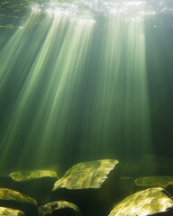 Poster - Underwater Sunlight Beams Illuminating Rocks Serene Scene Depth Perspective Nature Photography