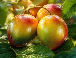 Aufkleber - Two ripe cherries on a tree branch, with droplets of water on their surfaces.