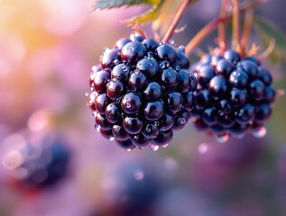 Poster - A bunch of dark purple berries hanging from a bush, with drops of water on them, set against a blurred background.