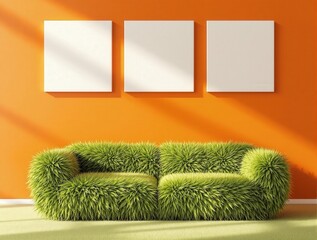 Poster - A green couch with a textured surface in front of an orange wall with three white panels.