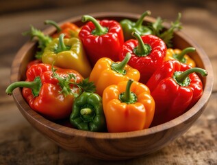 Poster - A wooden bowl filled with assorted colored peppers.