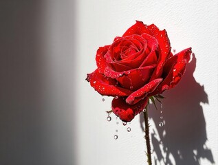 Poster - A red rose with droplets of water on it, sitting in a vase against a white background.