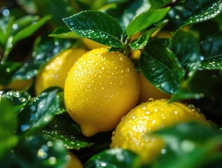 Poster - A cluster of ripe yellow lemons on a bush, covered in dew drops.