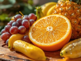 Poster - A wooden cutting board holds various fruits such as bananas, oranges, and grapes.