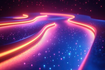 Poster - Neon waves illuminate a digital landscape in vibrant colors during an abstract visualization