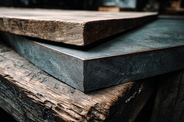 Aufkleber - Close-up view of wooden and metal surfaces in a workshop highlighting craftsmanship and materials used for various projects