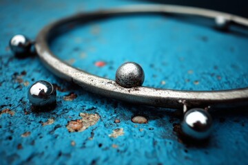 Aufkleber - Metal circular object with metallic balls arranged on a textured blue surface during daylight hours