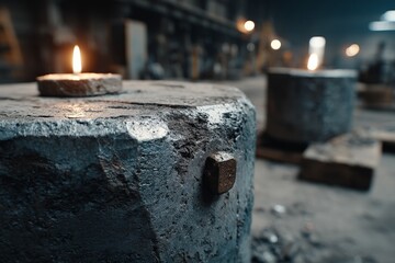 Poster - Industrial workspace illuminated by candles showcases raw materials and tools in a dimly lit environment during evening hours