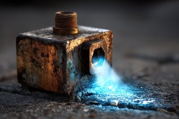 Poster - Rusty metal object emits blue light in an industrial setting at dusk