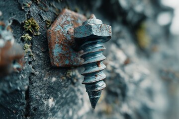 Poster - Rusty metal screw embedded in weathered stone on a damp rock surface at a coastal location