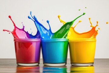 Poster - Vibrant paint splash in glass jars studio shot colorful liquid explosion on wooden table against white background
