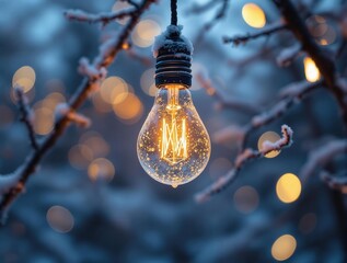 Poster - A single lit Christmas light bulb hanging from a branch of a snow-covered tree.