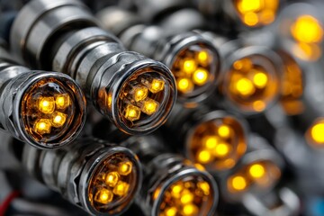 Aufkleber - Close-up view of illuminated LED bulbs showcasing intricate design and bright yellow light during dusk