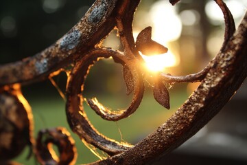 Aufkleber - Sunlight filtering through ornate metalwork in a serene outdoor setting during golden hour