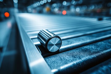 Poster - Industrial machinery close-up showcasing a metallic control knob on a conveyor belt during night operations in a manufacturing facility