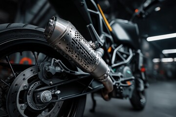 Leinwandbilder - Close detail of a motorcycle exhaust in an industrial workshop during the evening