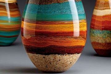 Fototapete - Colorful layered vases showcase intricate designs in a close-up display of craftsmanship and artistic expression