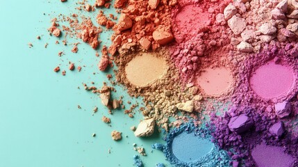 Aufkleber - colorful eyeshadow palette crumbles on light blue background flat lay beauty product still life