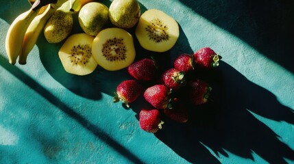 Poster - Overhead Still Life of Fresh Fruit on Blue Background with Shadows Featuring Bananas Kiwis Pears and Strawberries