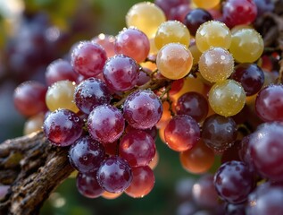 Aufkleber - Bunch of red, green, and yellow grapes hanging on vine, with dew droplets visible on them.