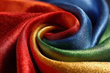 Aufkleber - Colorful silk fabric swirling in a vibrant pattern showcasing red, blue, green, and gold tones for textile design inspiration