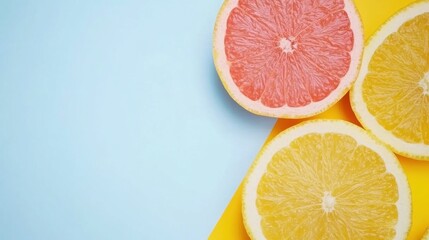 Poster - Sliced citrus fruits on colorful background top down studio shot featuring grapefruit and lemon halves with copy space