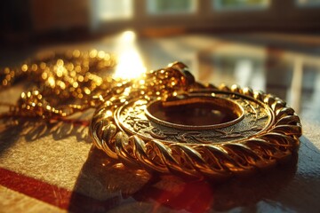 Aufkleber - Elegant gold pendant with intricate design resting on a shiny surface illuminated by warm sunlight