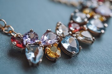 Poster - Colorful gemstone necklace displayed on a textured surface showcasing intricate craftsmanship and vibrant hues in natural light