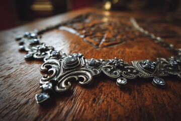 Poster - Exquisite silver necklace adorned with gemstones displayed on a wooden surface in a softly lit room