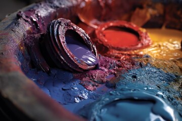 Aufkleber - Vibrant paint colors in mixing tray with containers and visible texture during creative art project