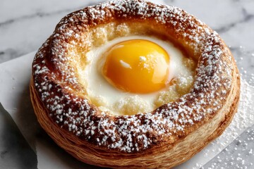 Poster - Freshly baked pastry with an egg yolk sitting in the center, ideal for brunch or dessert at a cozy cafe